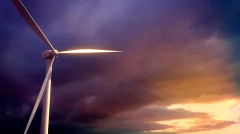 Ecological wind mill generator on sunset sky bg, fictive Stock Illustration