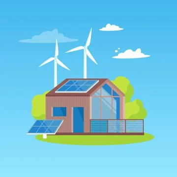 Ecologically clean modern house, solar panels and windmills. The concept of Stock Illustration