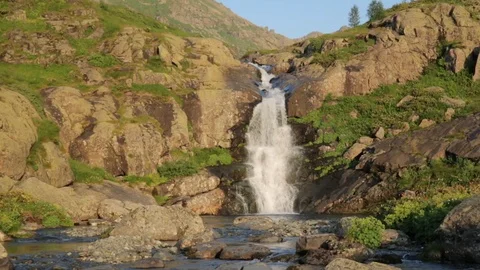 Ecologically clean nature alpic zone. Waterfall stream mountains 스톡 동영상 85671410