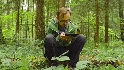 The ecologist in a forest with smart phone 스톡 동영상 93716796