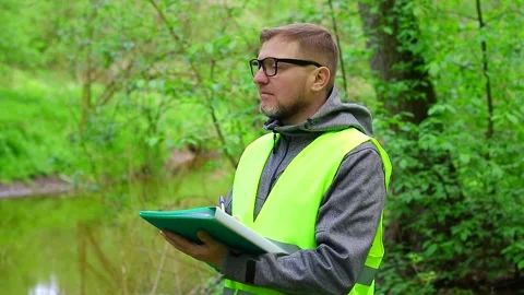 Ecologist makes records of the state of the environment. Stock Footage 240313872