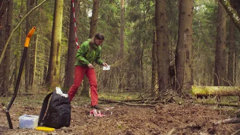 The ecologist marking a place of research. Stock Footage 88789477