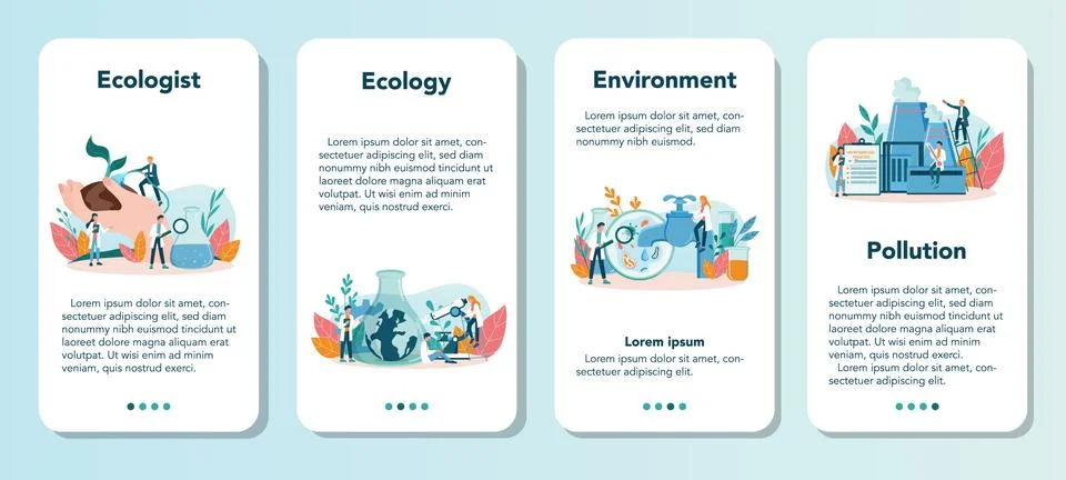 Ecologist mobile application banner set. Set of scientist taking care Illustration
