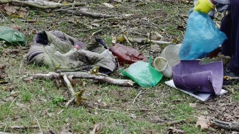 Ecologist puts garbage from a forest clearing into a garbage bag Vídeos de archivo 236448957