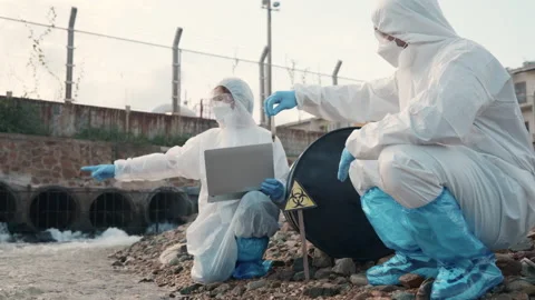 Ecologist sample water from the river and get fishes dead to check effected case Video stock 207973673