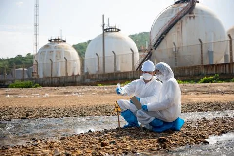 Ecologist sampling taken dead fish to inspaction and save data to laptop comp Stock Photos