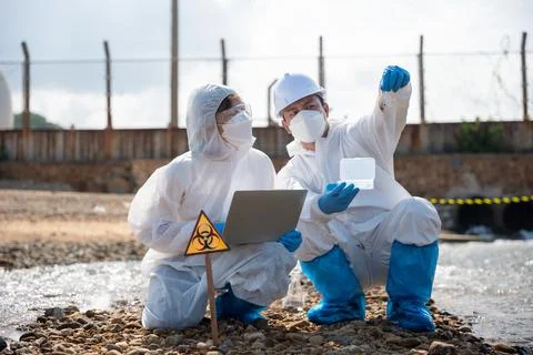 Ecologist sampling taken dead fish to inspaction and save data to laptop comp Stock Photos