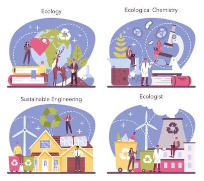Ecologist set. Scientist taking care of nature and study ecological Illustrazione stock