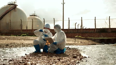 Ecologists sample water contaminated with dangerous, waterhazard toxins in tube Stock Footage 199243852