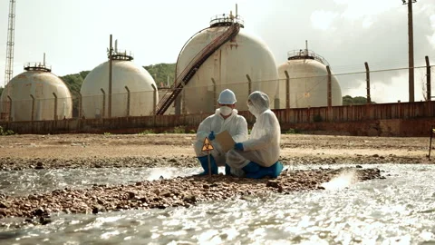 Ecologists sample water contaminated with dangerous, waterhazard toxins in tube Stock-Footage 199244562