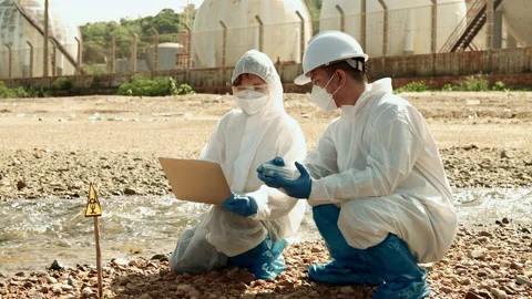 Ecologists sample water contaminated with dangerous, waterhazard toxins in tube Stock-Footage 199246678