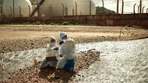 Ecologists sample water contaminated with dangerous, waterhazard toxins in tube Stock-Footage 199246857