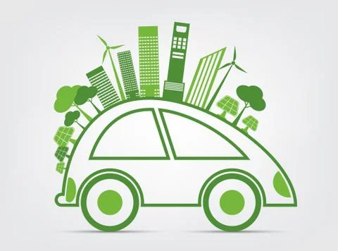 Ecology and Environmental Cityscape Concept,Car Symbol With Green Leaves Arou Stock Illustration