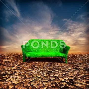Ecology and global warming concept. grassy sofa at desert under dramatic sky Stock Illustration