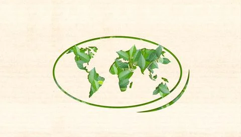 Ecology and zero waste concept. World map silhouette and green leaves on card Stock Illustration