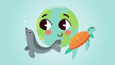 Ecology animation with seal and turtle in earth character Stock Footage 157121009