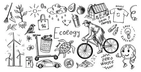 Ecology background. Zero waste. Hand drawn eco transport, bio. Waste sorting and Stock Illustration