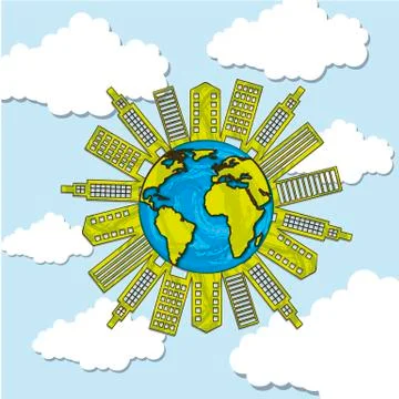 Ecology city over sky with cloud, drawing. vector illustration イラスト素材