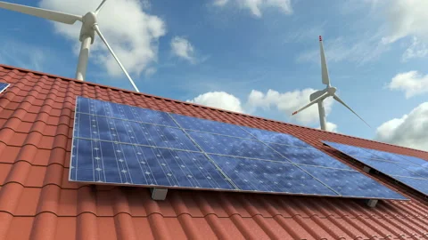Ecology clean intelligence home with solar panels and wind turbines Stock Footage 157437100