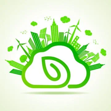 Ecology concept with eco clouds-cape and leaf vector illustration Stock Illustration