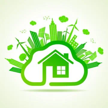 Ecology concept with eco clouds-cape and home vector illustration Illustrazione stock