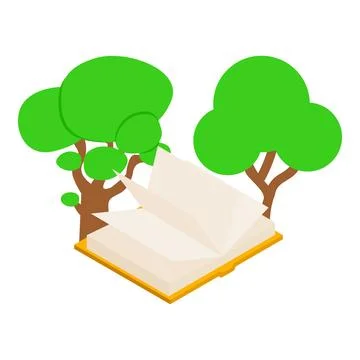 Ecology concept icon isometric vector. Two green tree and open paper book icon Stock Illustration