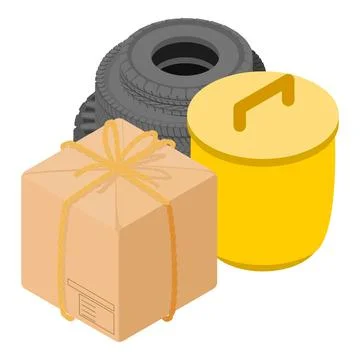 Ecology concept icon isometric vector. Car tire and closed box near trash can 库存插图