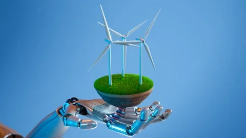 Ecology concept of robot arm holding fragment of soil with working wind turbines Video stock 201180282