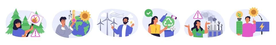 Ecology concept set in flat design for web. Collection with people stop fores Stock Illustration