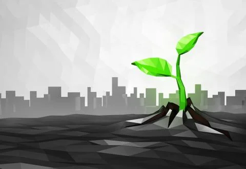 Ecology concept Sprout has grows through the asphalt in the city, low poly Stock Illustration