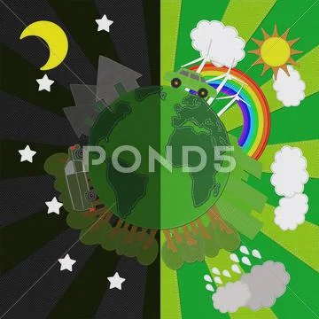 Ecology day and night concept with stitch style on fabric background Stock Illustration