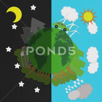 Ecology day and night concept with stitch style on fabric background Stock Illustration