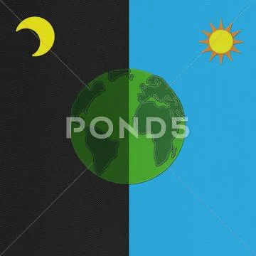 Ecology day and night concept with stitch style on fabric background Stock Illustration