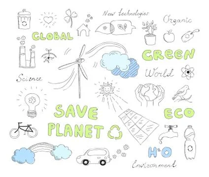 Ecology doodles vector elements set Stockillustratie
