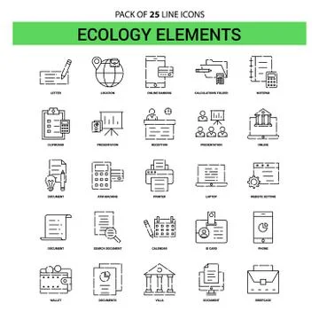 Ecology Elements Line Icon Set - 25 Dashed Outline Style 库存插图