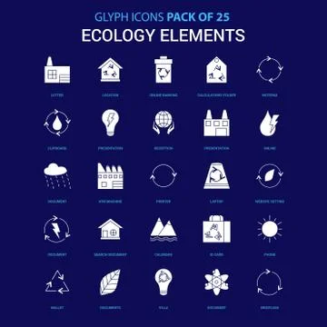 Ecology Elements White icon over Blue background. 25 Icon Pack 库存插图