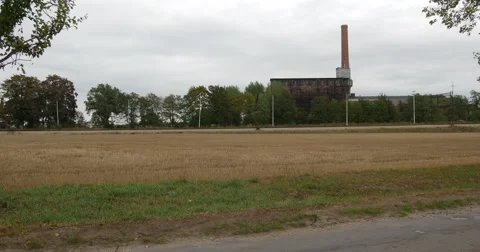 Ecology Environment Pollution Asphalted Road to Electric Station Wires Cement Stock Footage 54820878