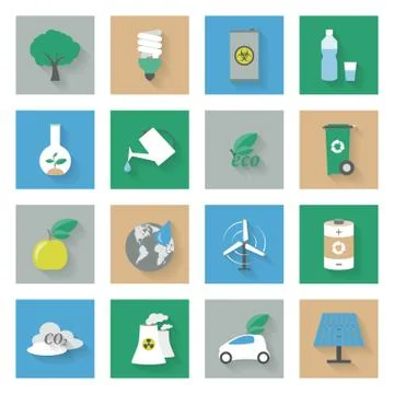 Ecology flat icons set with shadows Stock Illustration