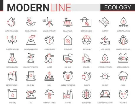 Ecology flat line icon vector illustration set of ecosystem environmental Stockillustratie