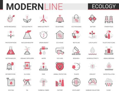 Ecology flat line icon vector illustration set of ecosystem environmental Stock Illustration