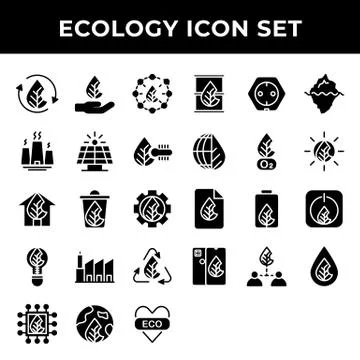 Ecology icon set include recycle, hand, power,solar panel,temperature,green h Ilustración de archivo