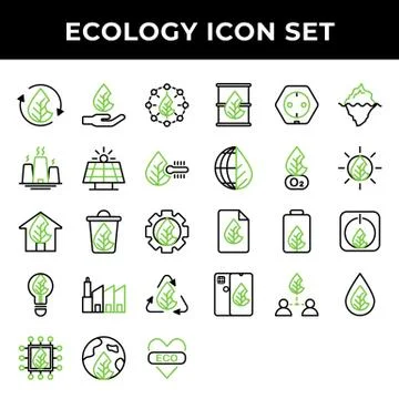 Ecology icon set include recycle, hand, power,solar panel,temperature,green h Ilustración de archivo