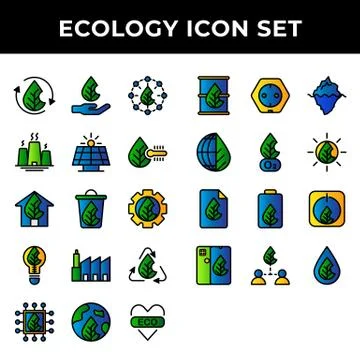 Ecology icon set include recycle, hand, power,solar panel,temperature,green h Ilustración de archivo
