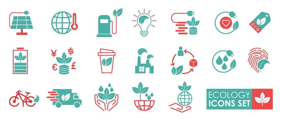 Ecology icon set. Solid icon style. Nature and Renewable Energy colorful li.. Stockillustratie
