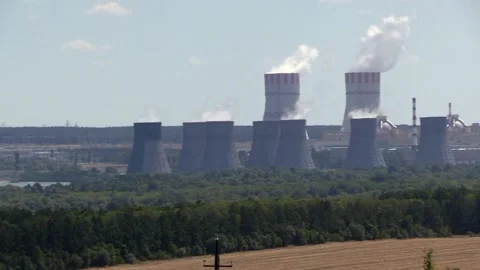 Ecology, nuclear power plant, reactors, smoking pipes Vidéo 137656831
