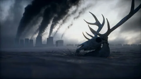 Ecology pollution concept. Dirty dark atmosphere. Deer skeleton. Ecological Stock Footage 160981030