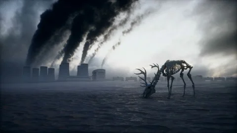 Ecology pollution concept. Dirty dark atmosphere. Deer skeleton. Ecological Video stock 160981313