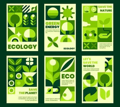 Ecology posters with green geometric patterns Stock Illustration