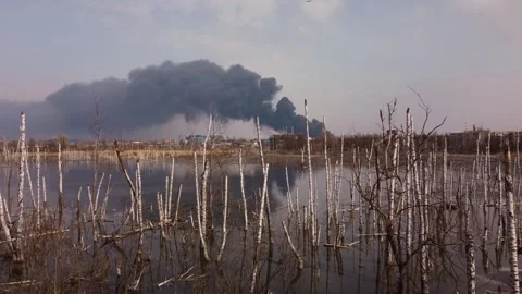 Ecology problems dead lake of smoke and a fire in an industrial area of the city Stock Footage 258406846