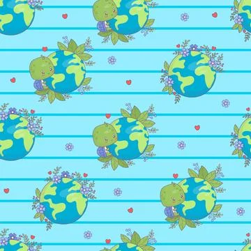 Ecology seamless pattern. Cute cartoon turtle character with planet Earth and Stock Illustration